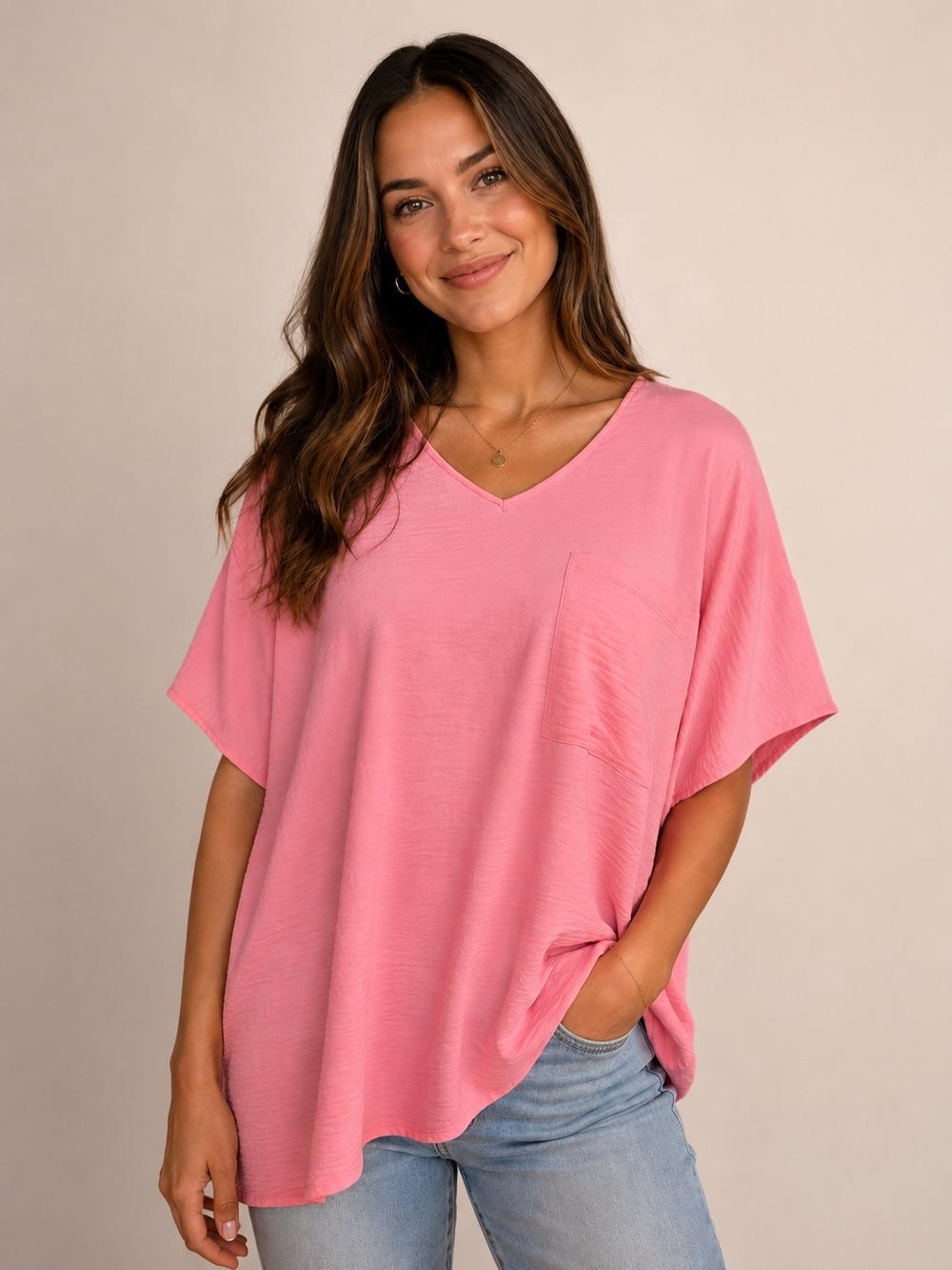 Zenana Pink V-Neck Oversized Pocket Tunic Top